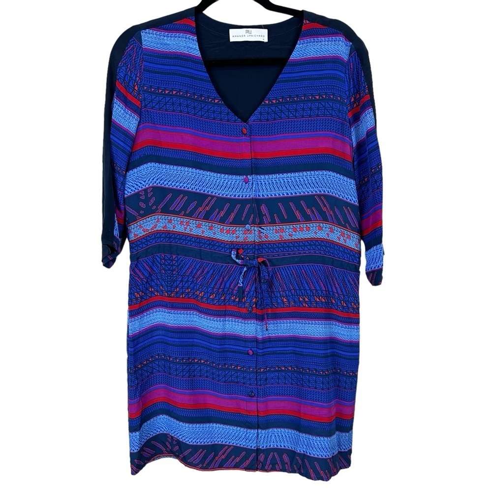 Amanda Uprichard Silk Button Down Tie Waist Geometric Print Shirt Dress